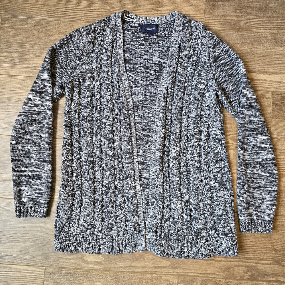 LANDS END Cardigan Womens S Black White Cotton Open Sweater Preppy Academia Cozy